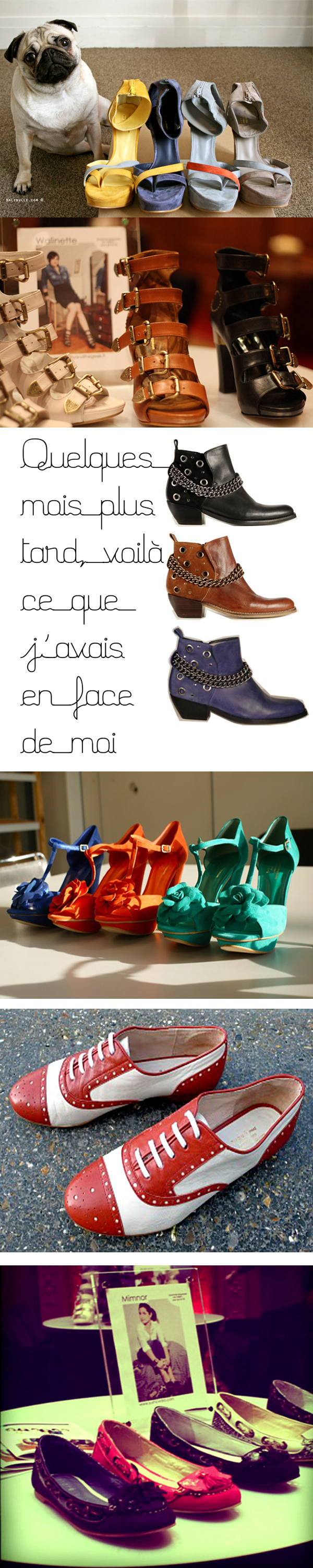 6 blogueuses créent des chaussures pour André. De haut en bas: Ballibulle, Walinette, Coline, Violette, Miss Glitzy et Minmor.